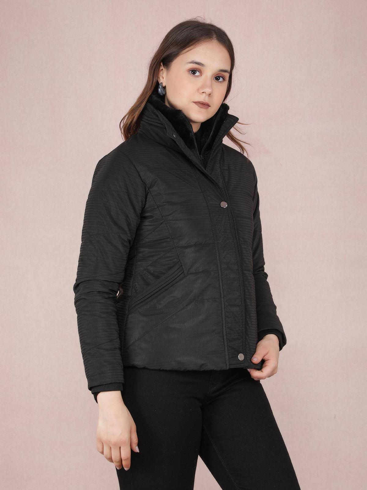 Women Black Jacquard High Neck Jacket | JC78 - view 5
