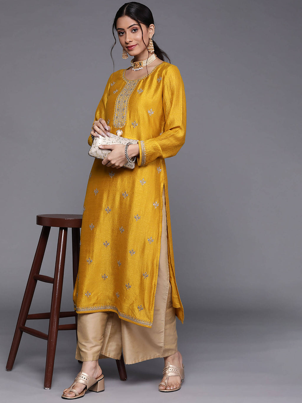 Yellow Silk Blend Embroidered Yoke With Highlighted Straight Kurta | FY93 - view 4