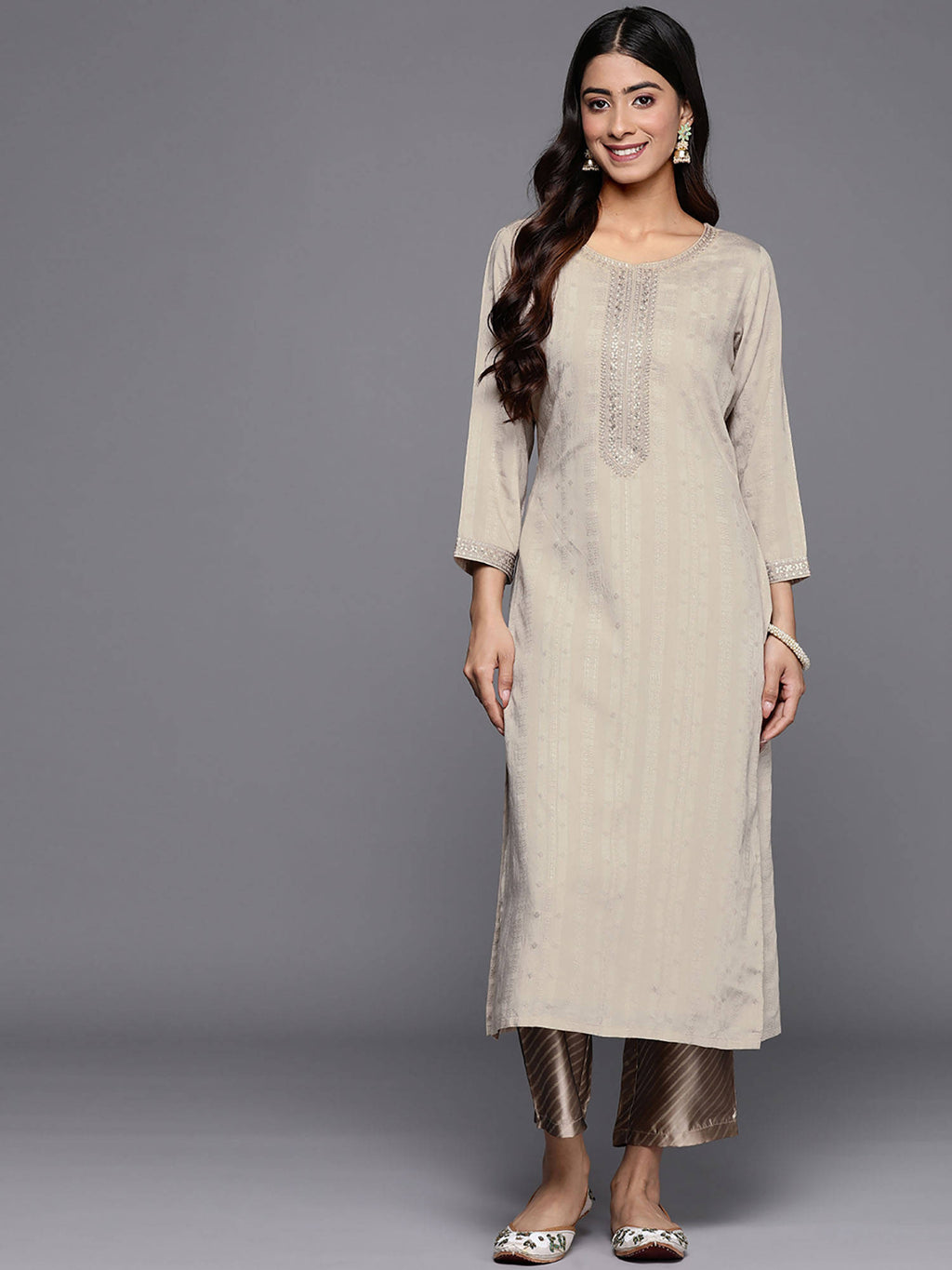 Grey Viscose (Dobby) Self Design With Zari Work Straight Kurta | FY93 - view 1
