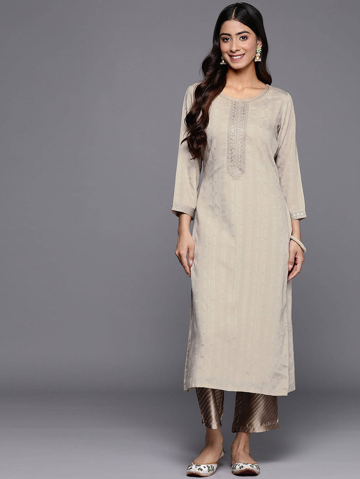 Grey Viscose (Dobby) Self Design With Zari Work Straight Kurta | FY93 - view 1