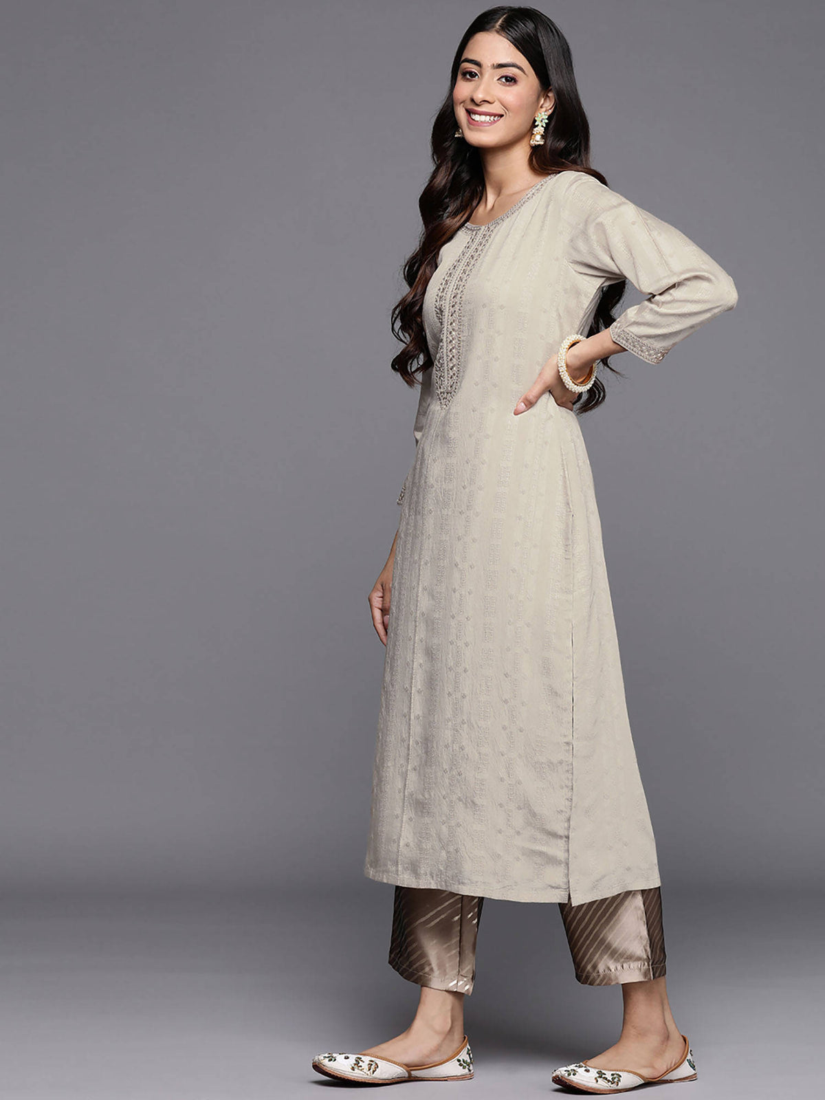 Grey Viscose (Dobby) Self Design With Zari Work Straight Kurta | FY93 - view 2