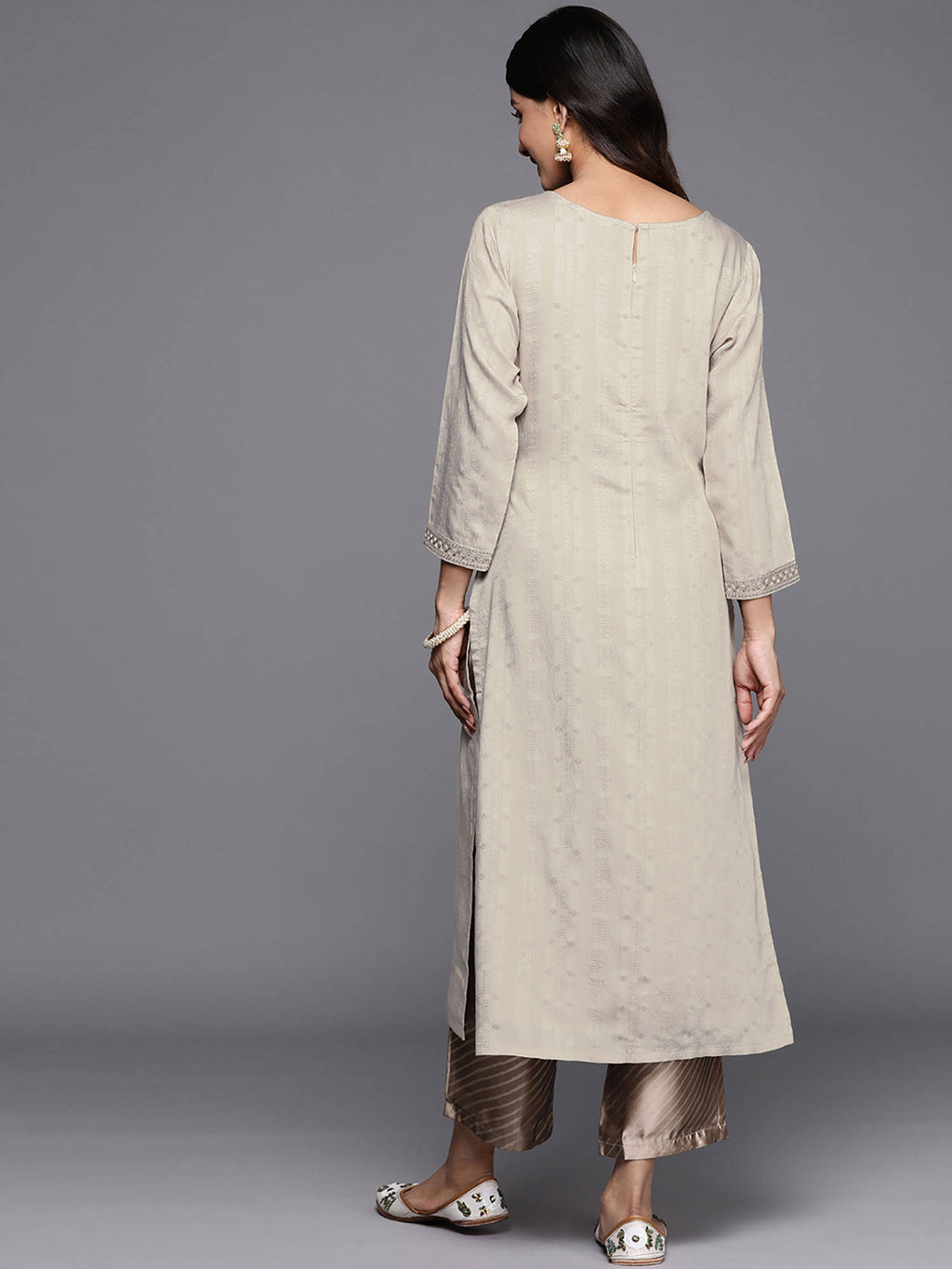 Grey Viscose (Dobby) Self Design With Zari Work Straight Kurta | U3S - view 3