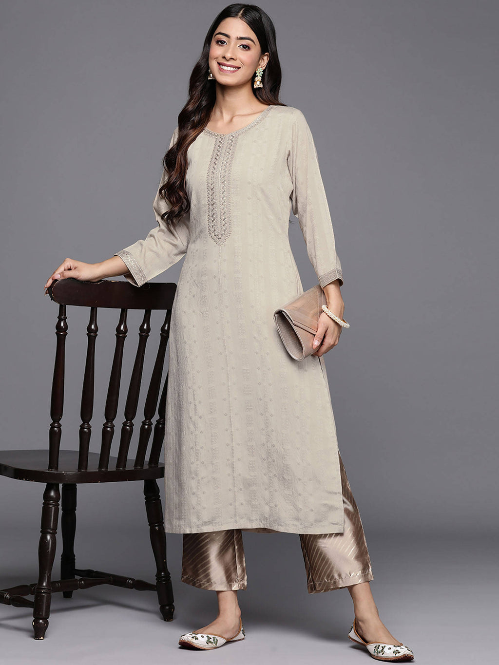 Grey Viscose (Dobby) Self Design With Zari Work Straight Kurta | U3S - view 5
