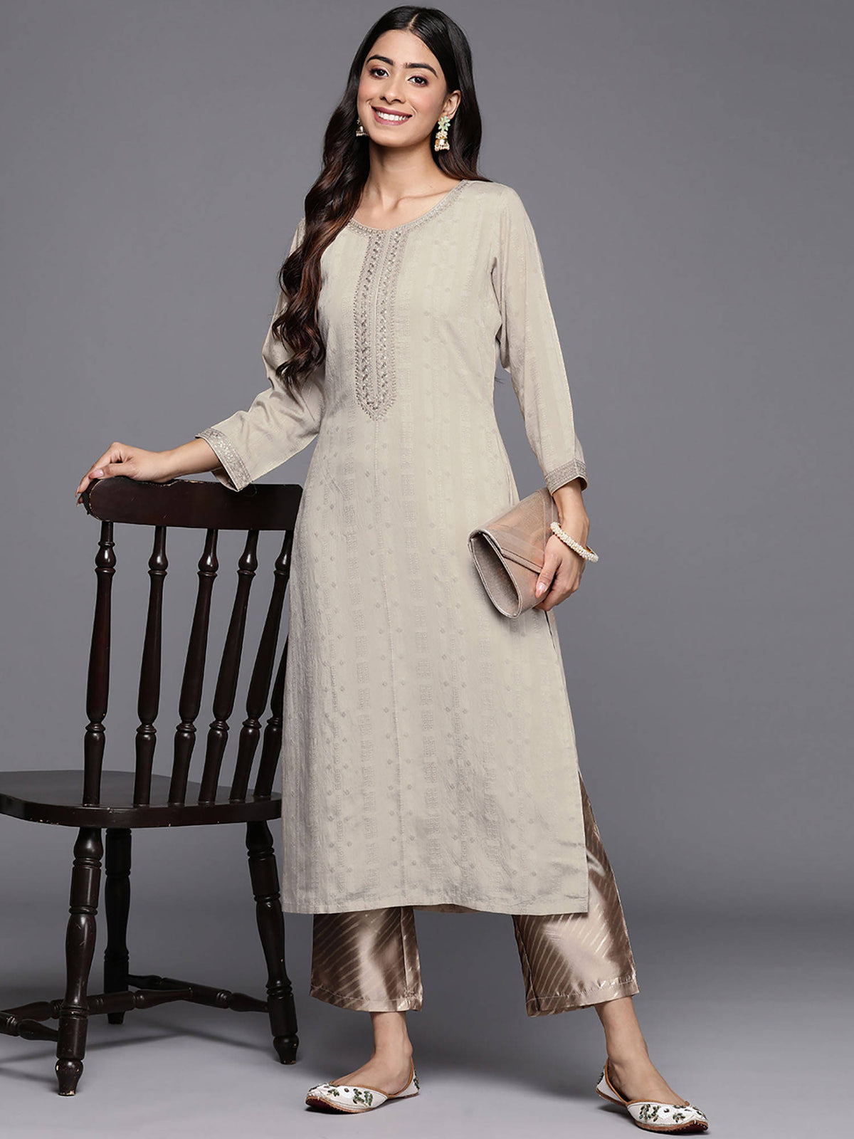 Grey Viscose (Dobby) Self Design With Zari Work Straight Kurta | FY93 - view 5