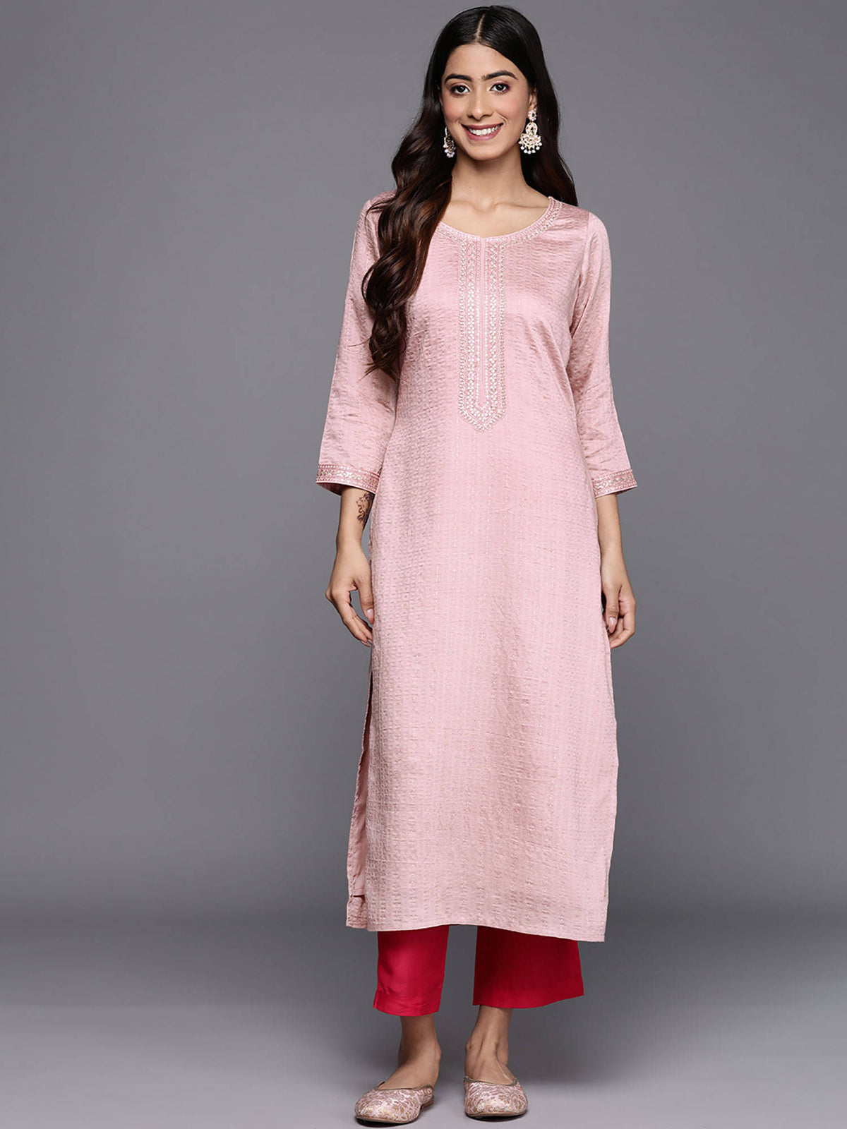 Grey Viscose (Dobby) Self Design With Zari Work Straight Kurta | U3S - view 7