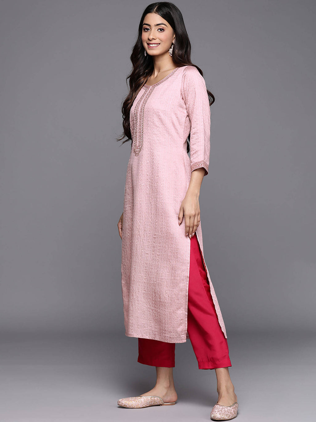 Grey Viscose (Dobby) Self Design With Zari Work Straight Kurta | U3S - view 8