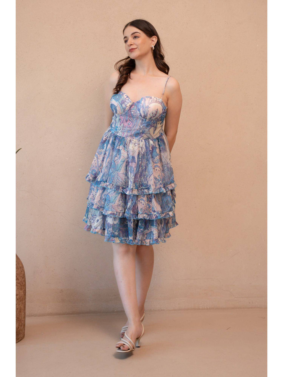 AEOY Blue Printed Tiered Mini Dress | D56 - view 3