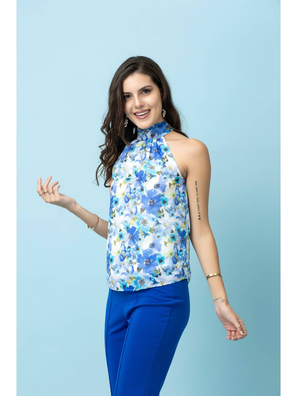 Georgette Floral Print Halter Neck Top | HT67 - view 1