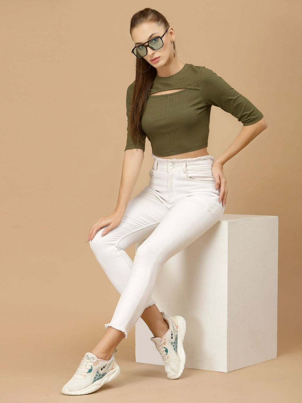 Olive Solid Full Sleeves Crop Top | CT61 - view 5