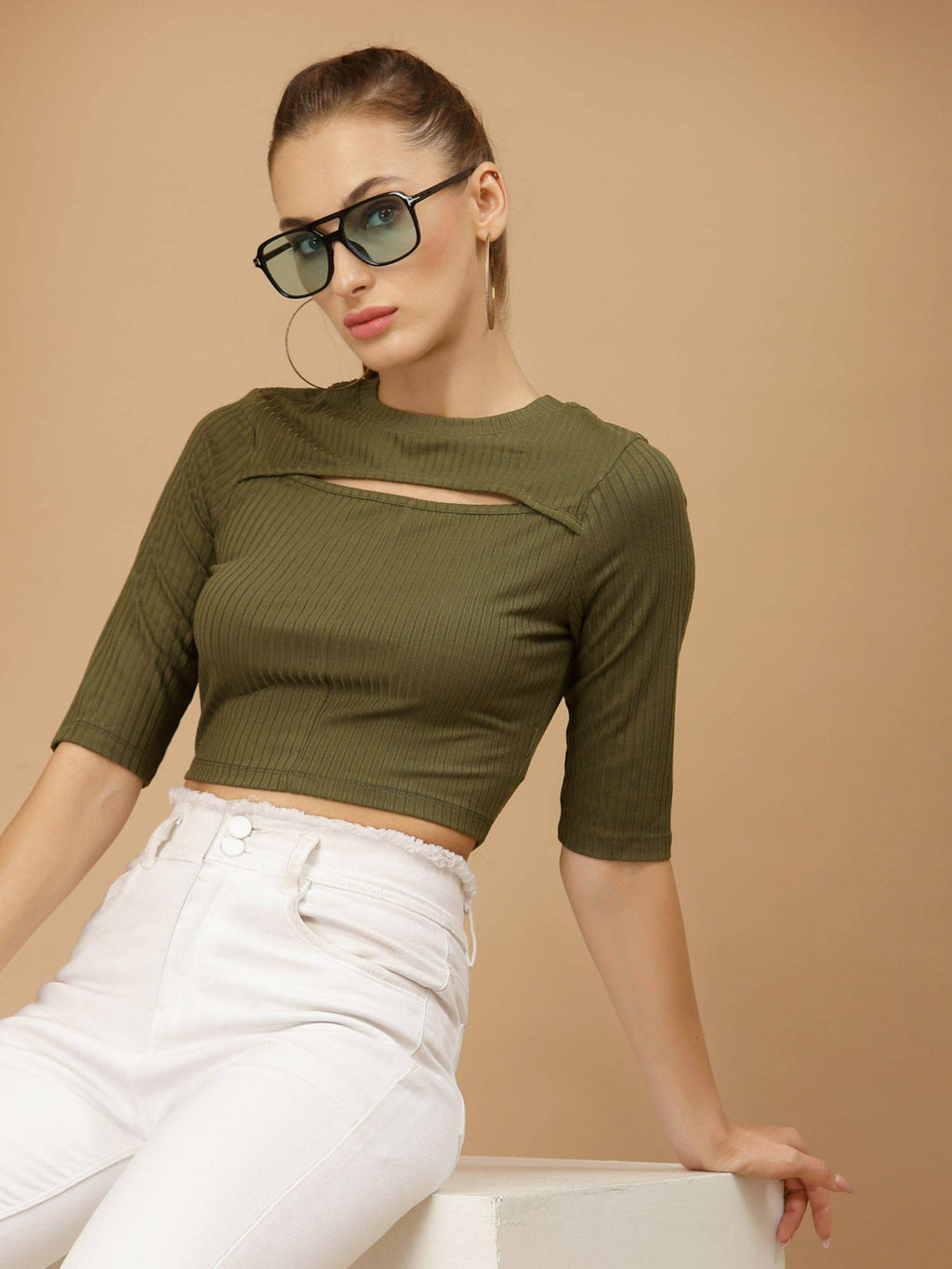 Olive Solid Full Sleeves Crop Top | CT61 - view 6