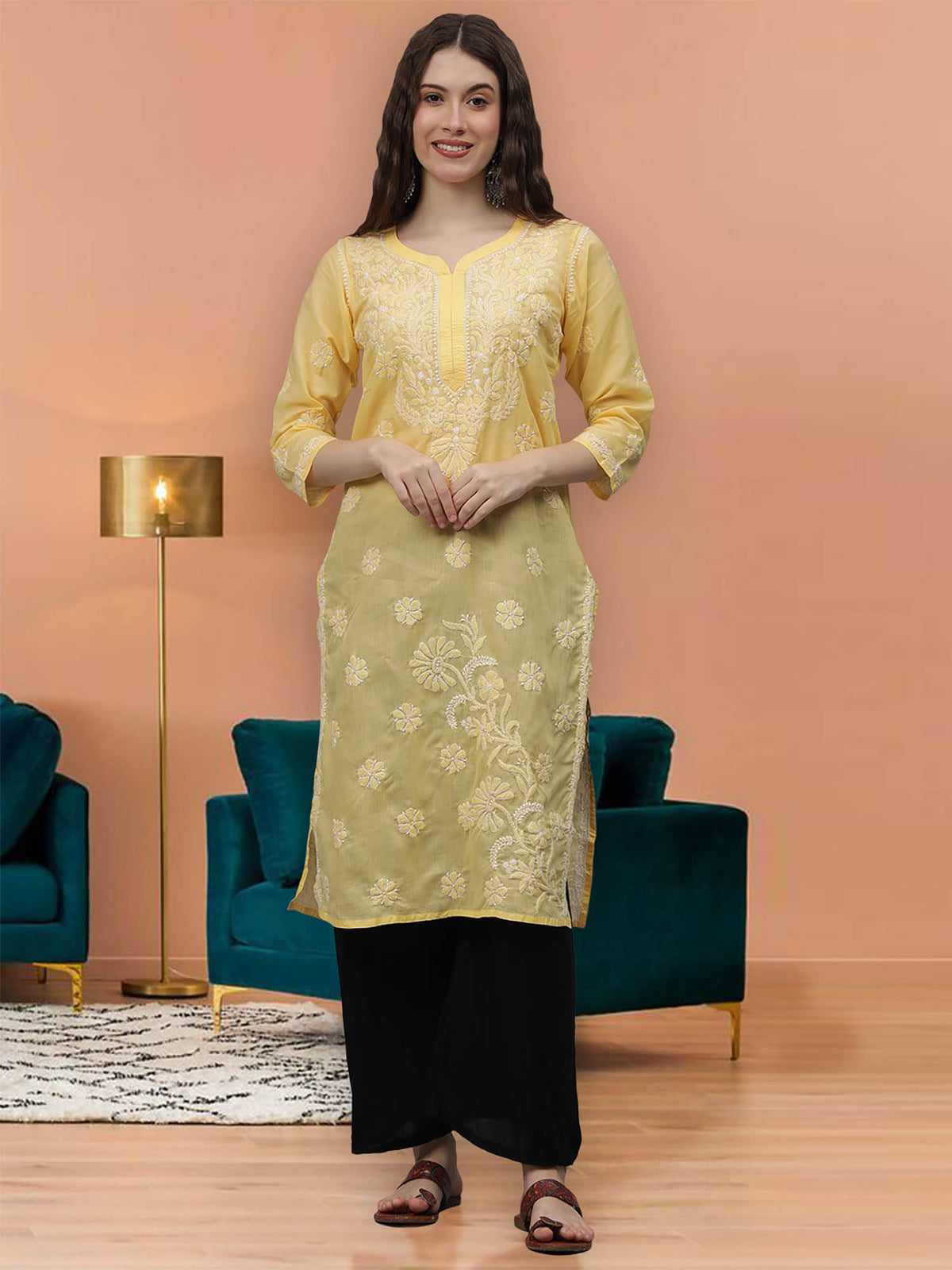 Hand Embroidered Yellow Cotton Lucknowi Chikankari Kurta | U3S - view 1