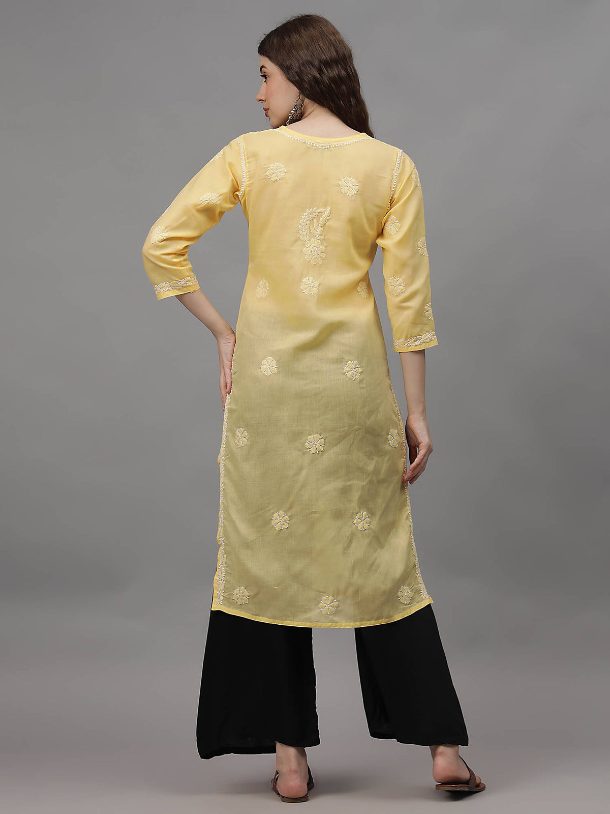 Hand Embroidered Yellow Cotton Lucknowi Chikankari Kurta | KDG - view 2
