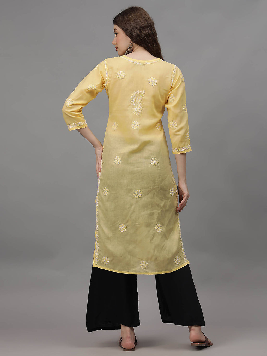 Hand Embroidered Yellow Cotton Lucknowi Chikankari Kurta | FY93 - view 2