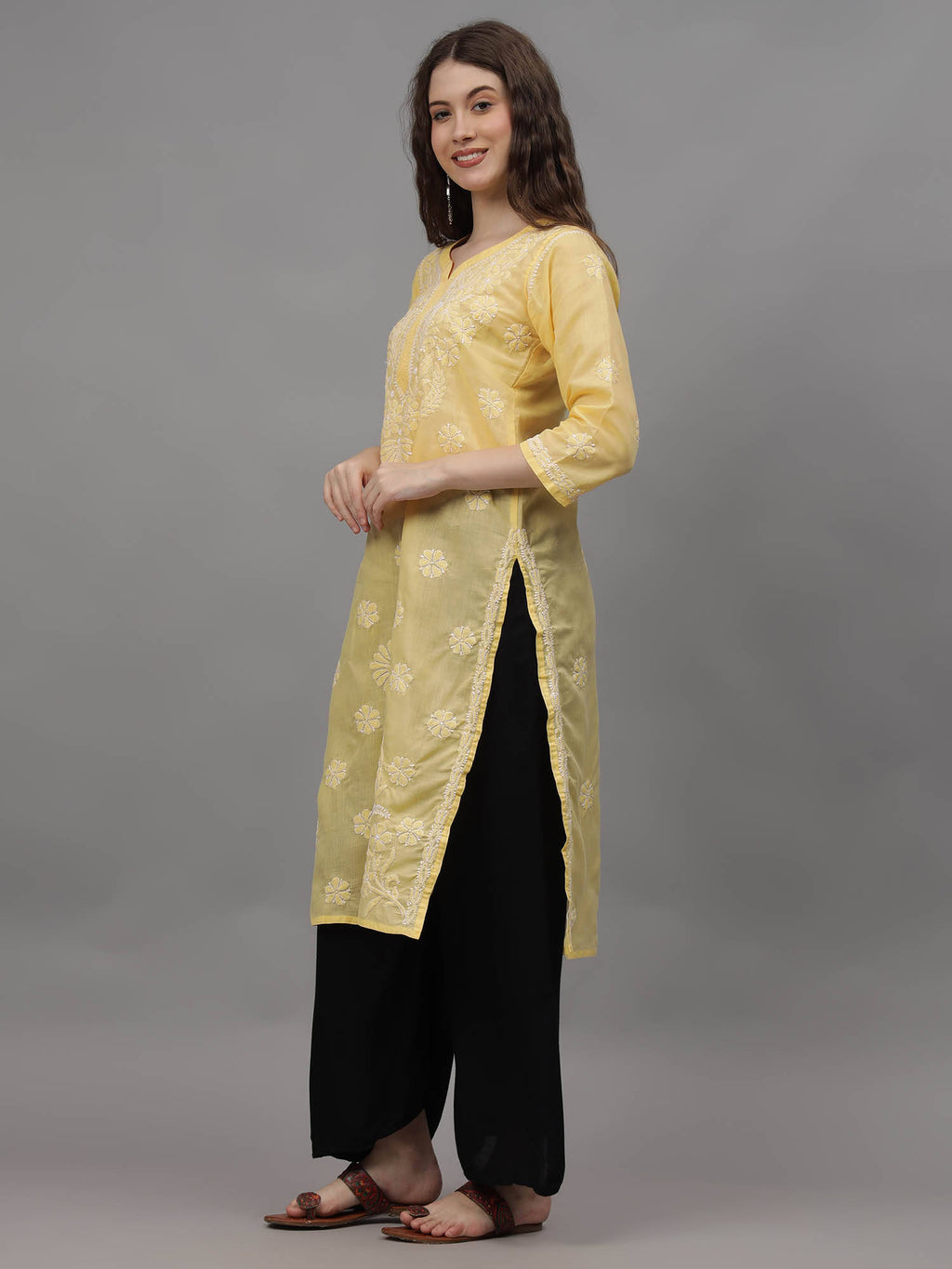 Hand Embroidered Yellow Cotton Lucknowi Chikankari Kurta | KDG - view 3