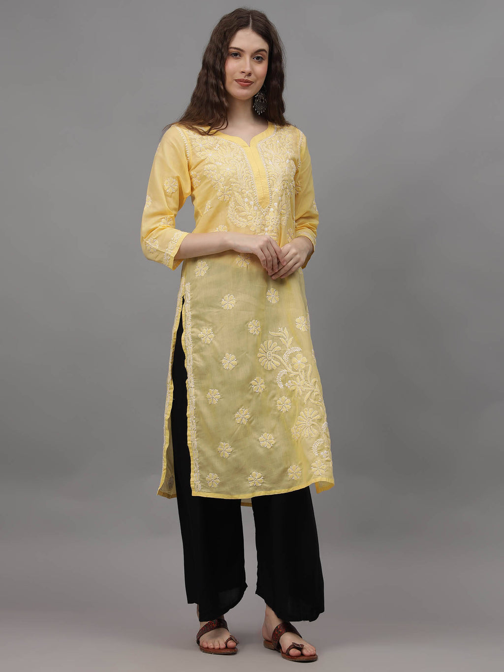 Hand Embroidered Yellow Cotton Lucknowi Chikankari Kurta | KDG - view 4