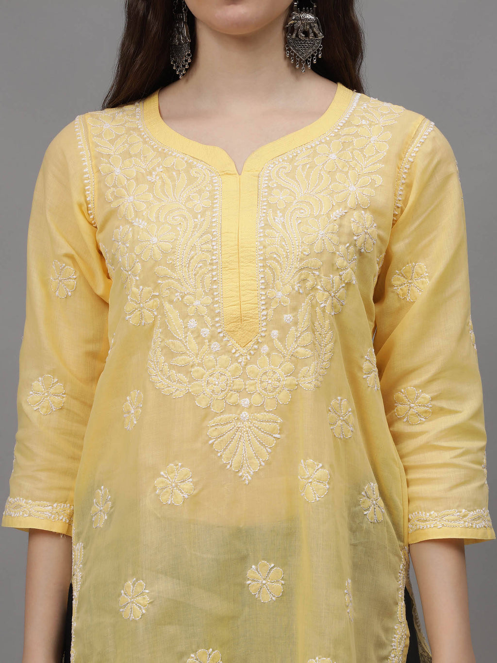 Hand Embroidered Yellow Cotton Lucknowi Chikankari Kurta | FY93 - view 5