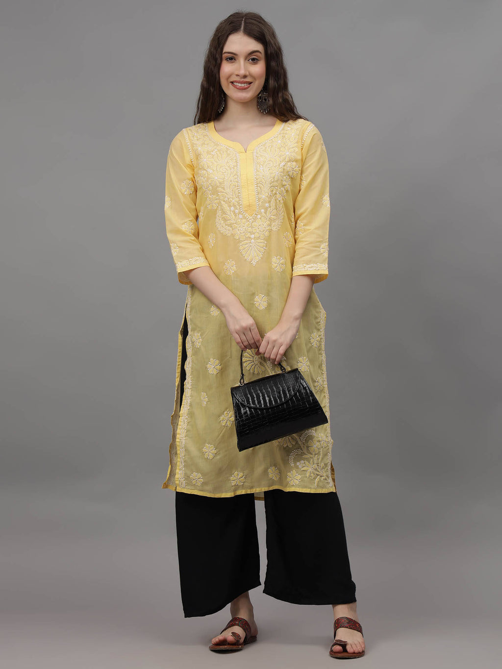 Hand Embroidered Yellow Cotton Lucknowi Chikankari Kurta | FY93 - view 6