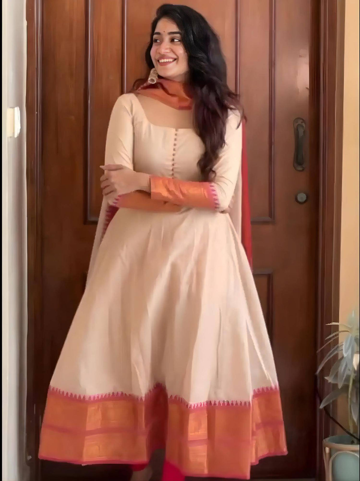 Womens Beige Flared Anarkali Kurta with Dupatta | FY93 - view 3