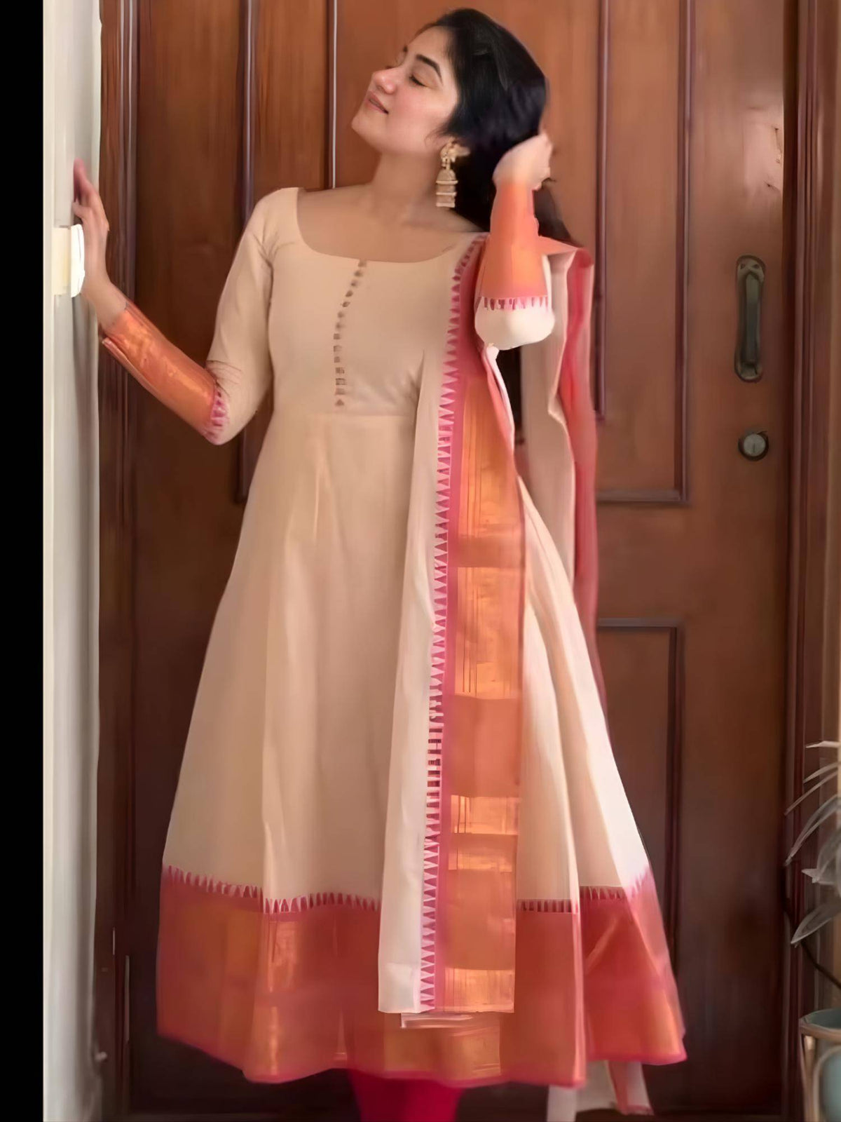Womens Beige Flared Anarkali Kurta with Dupatta | U3S - view 4