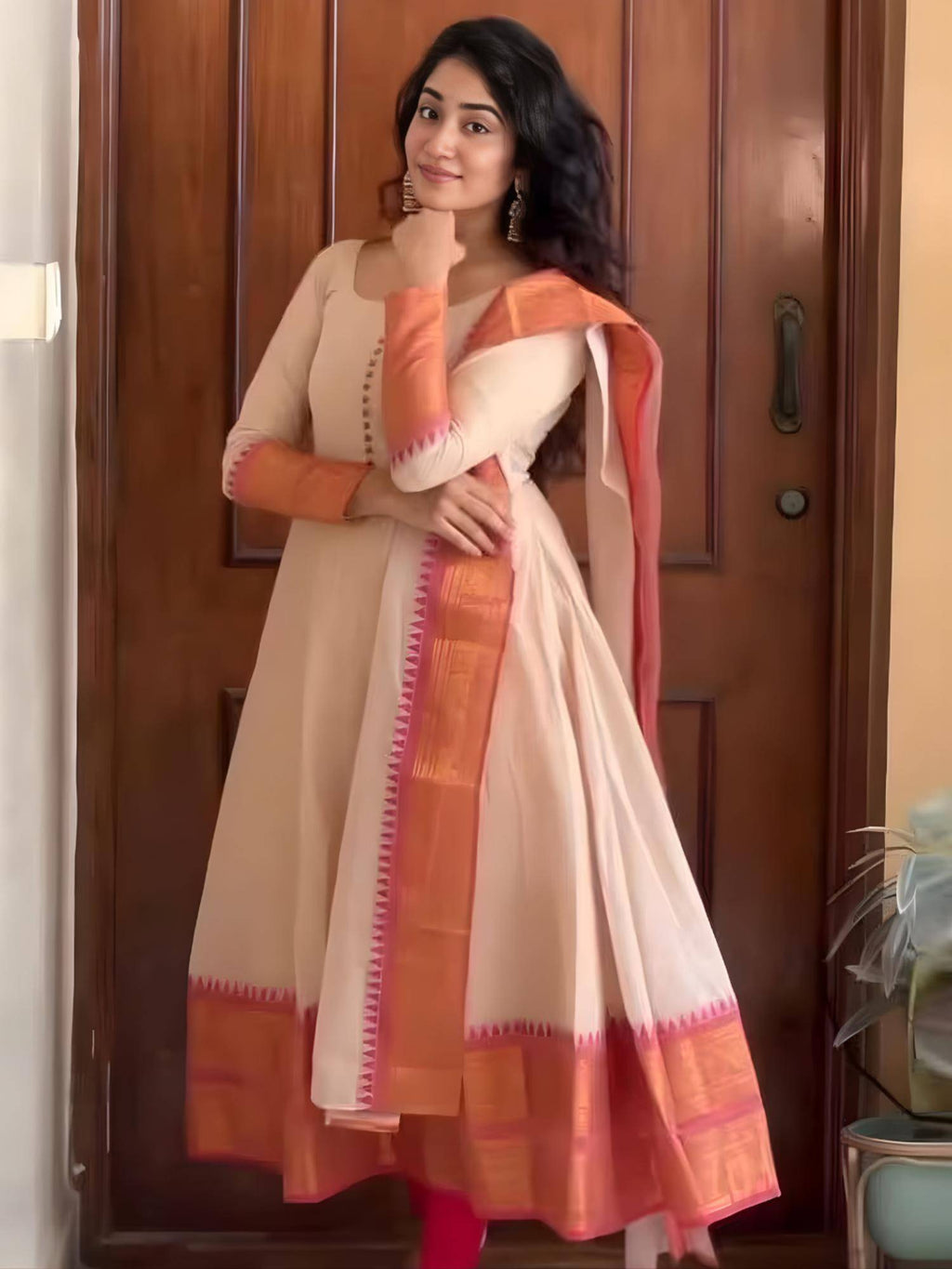 Womens Beige Flared Anarkali Kurta with Dupatta | U3S - view 5