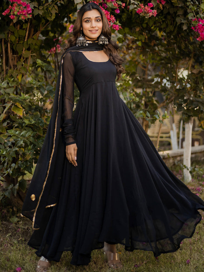 Womens Black Tiered Anarkali Kurta & Dupatta | KDG - view 1