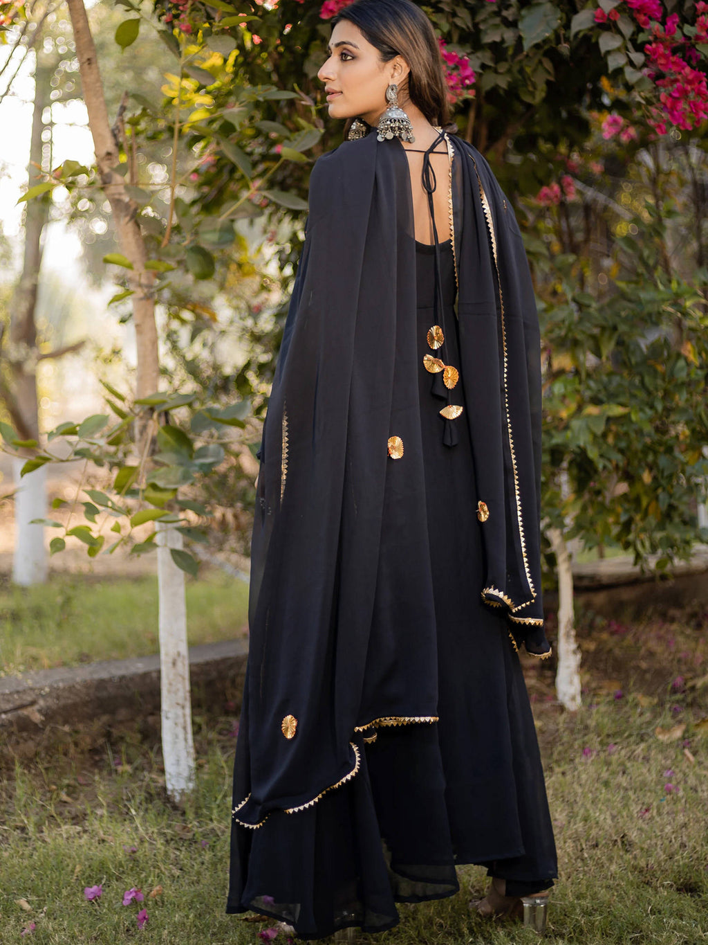 Womens Black Tiered Anarkali Kurta & Dupatta | U3S - view 2