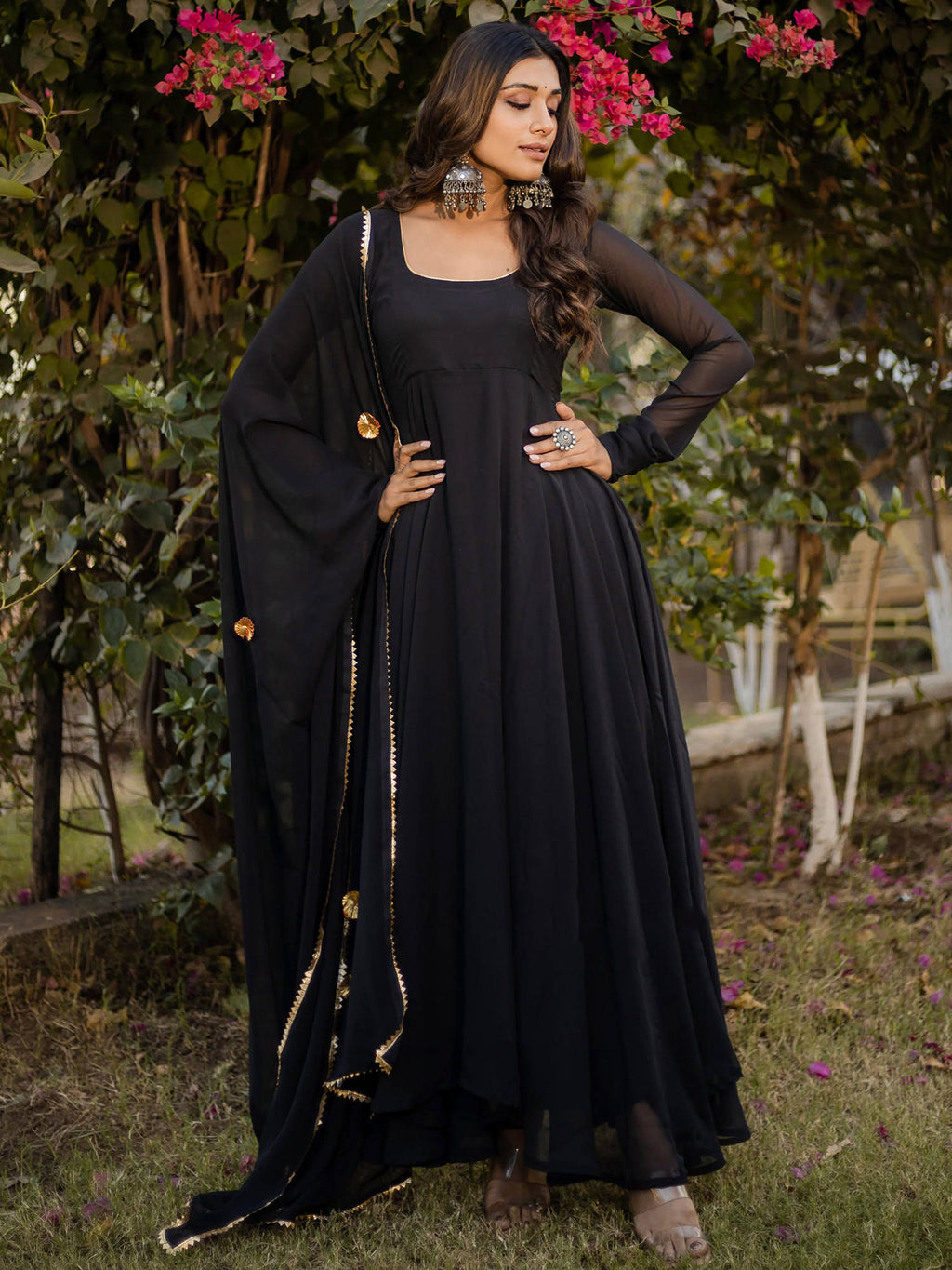 Womens Black Tiered Anarkali Kurta & Dupatta | KDG - view 4
