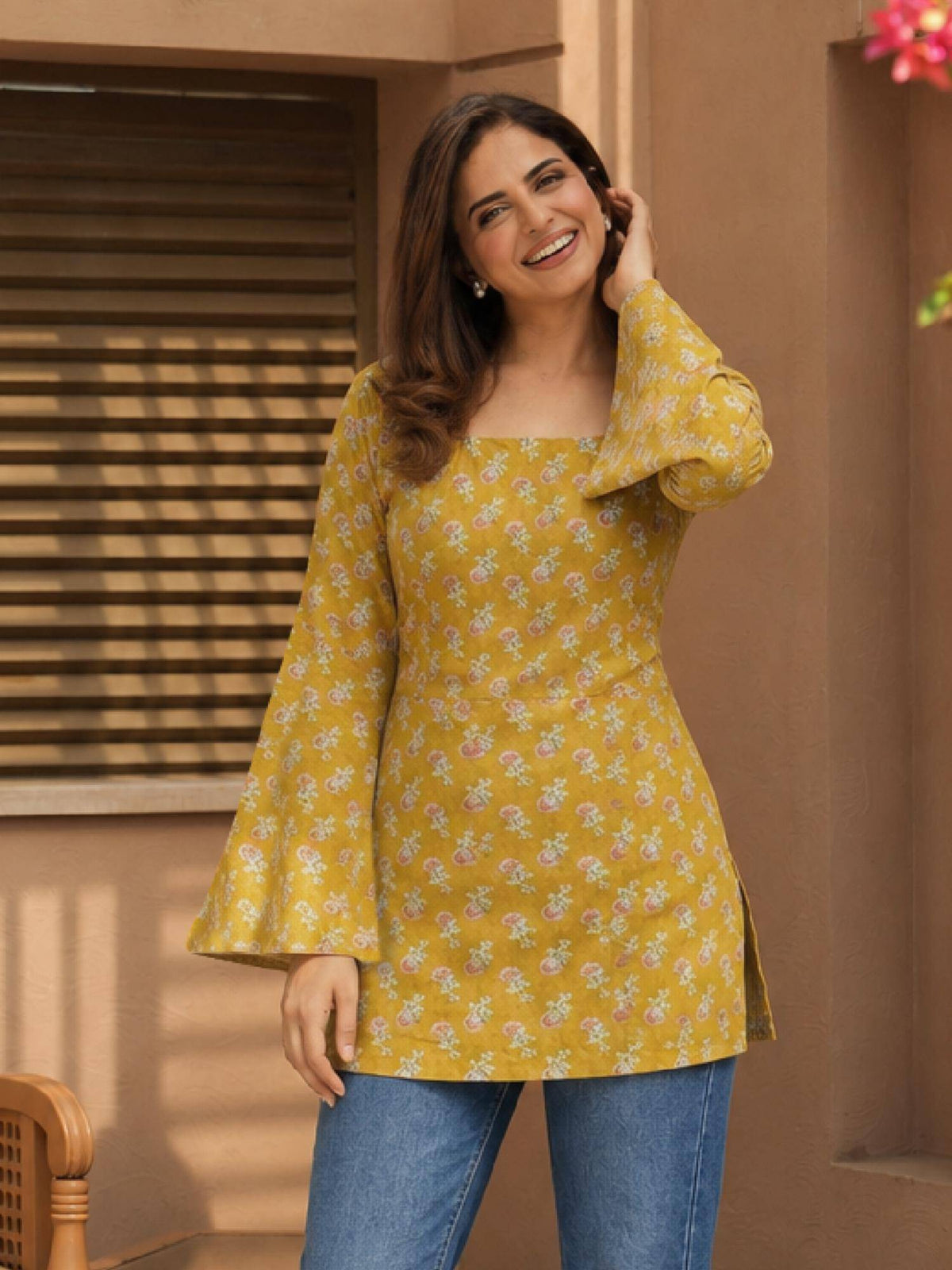 Womens Mustard Printed Straight Only Kurta | U3S - view 1
