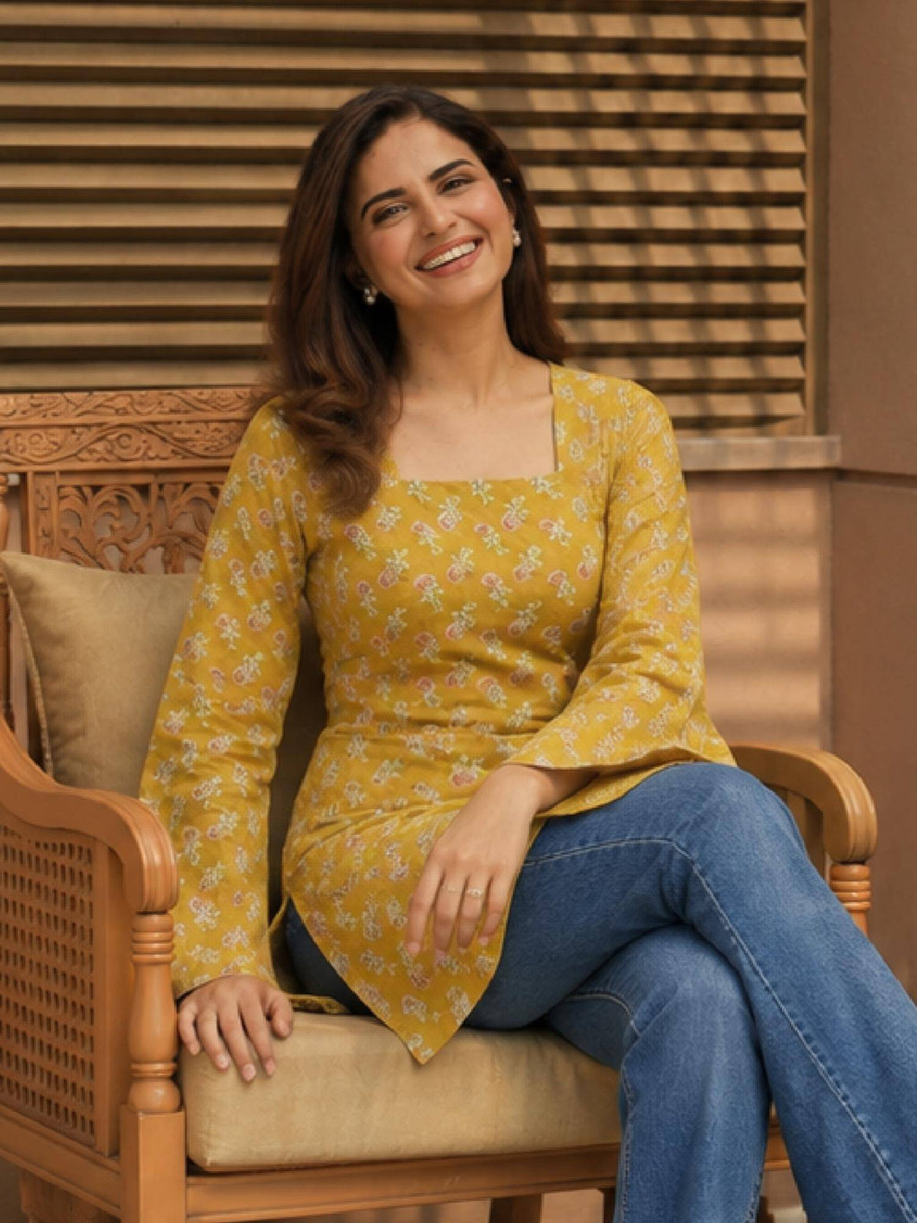 Womens Mustard Printed Straight Only Kurta | FY93 - view 4
