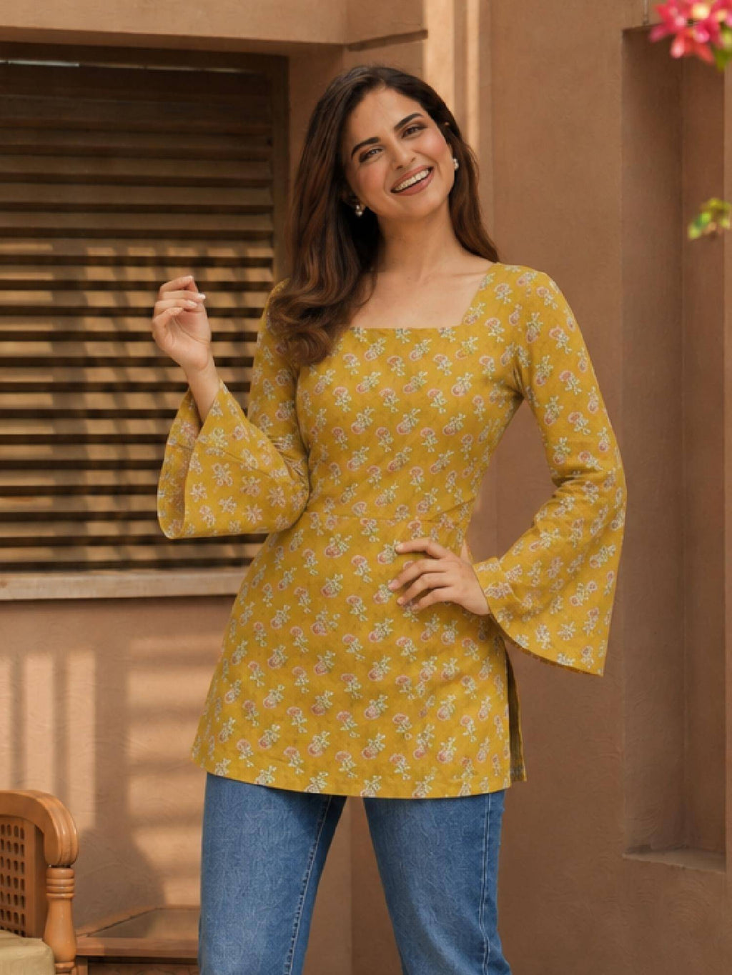 Womens Mustard Printed Straight Only Kurta | FY93 - view 5