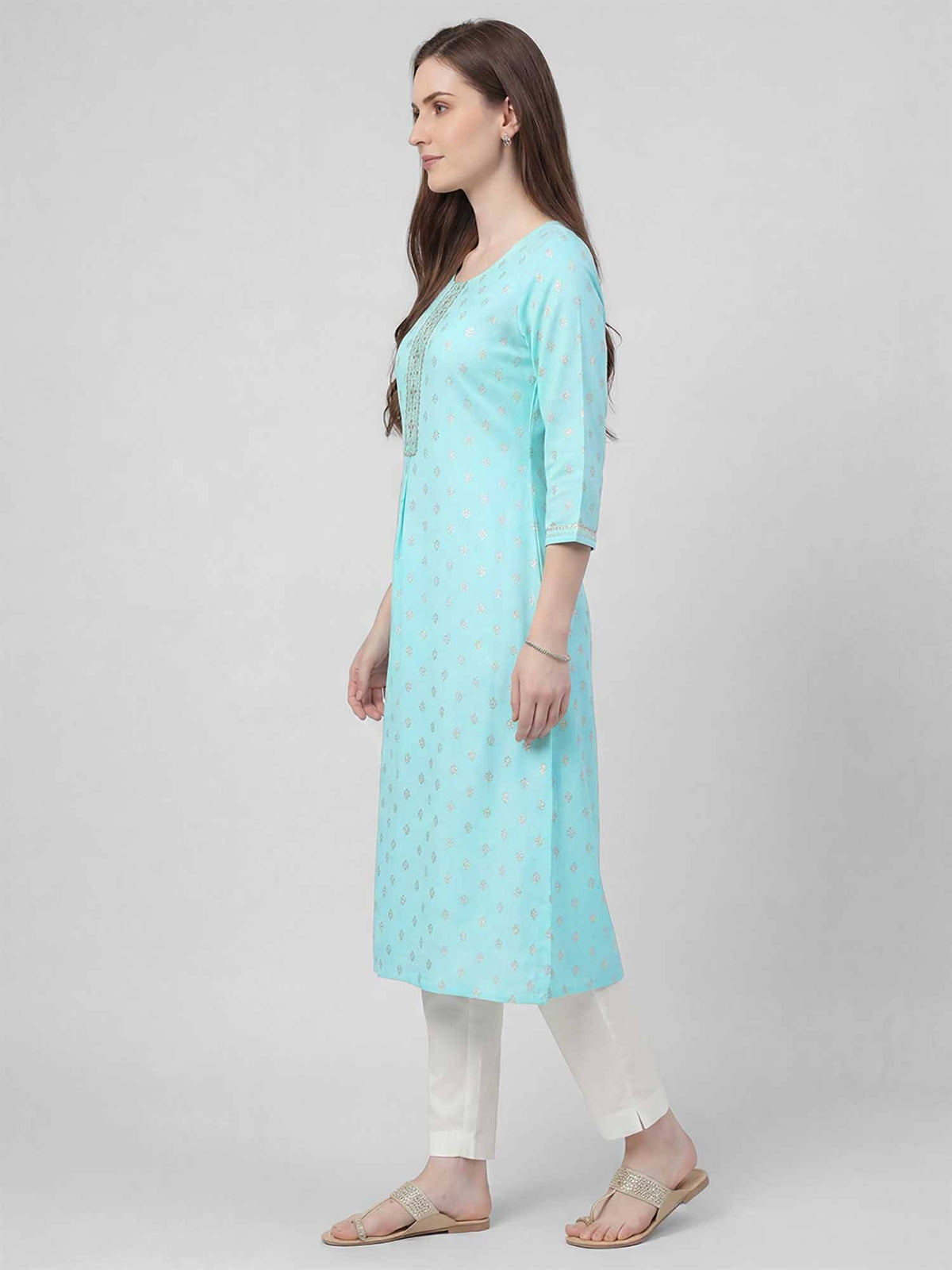 Randb Cream Printed Women Three-Quarter Sleeves Round Neck Kurta | FY93 - view 8