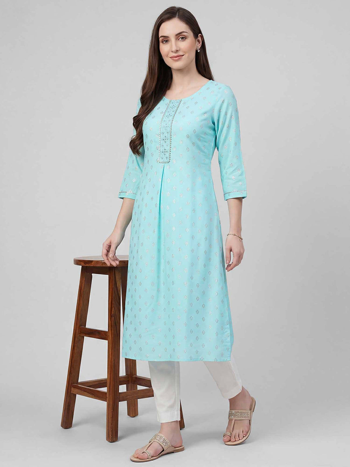 Randb Cream Printed Women Three-Quarter Sleeves Round Neck Kurta | FY93 - view 10