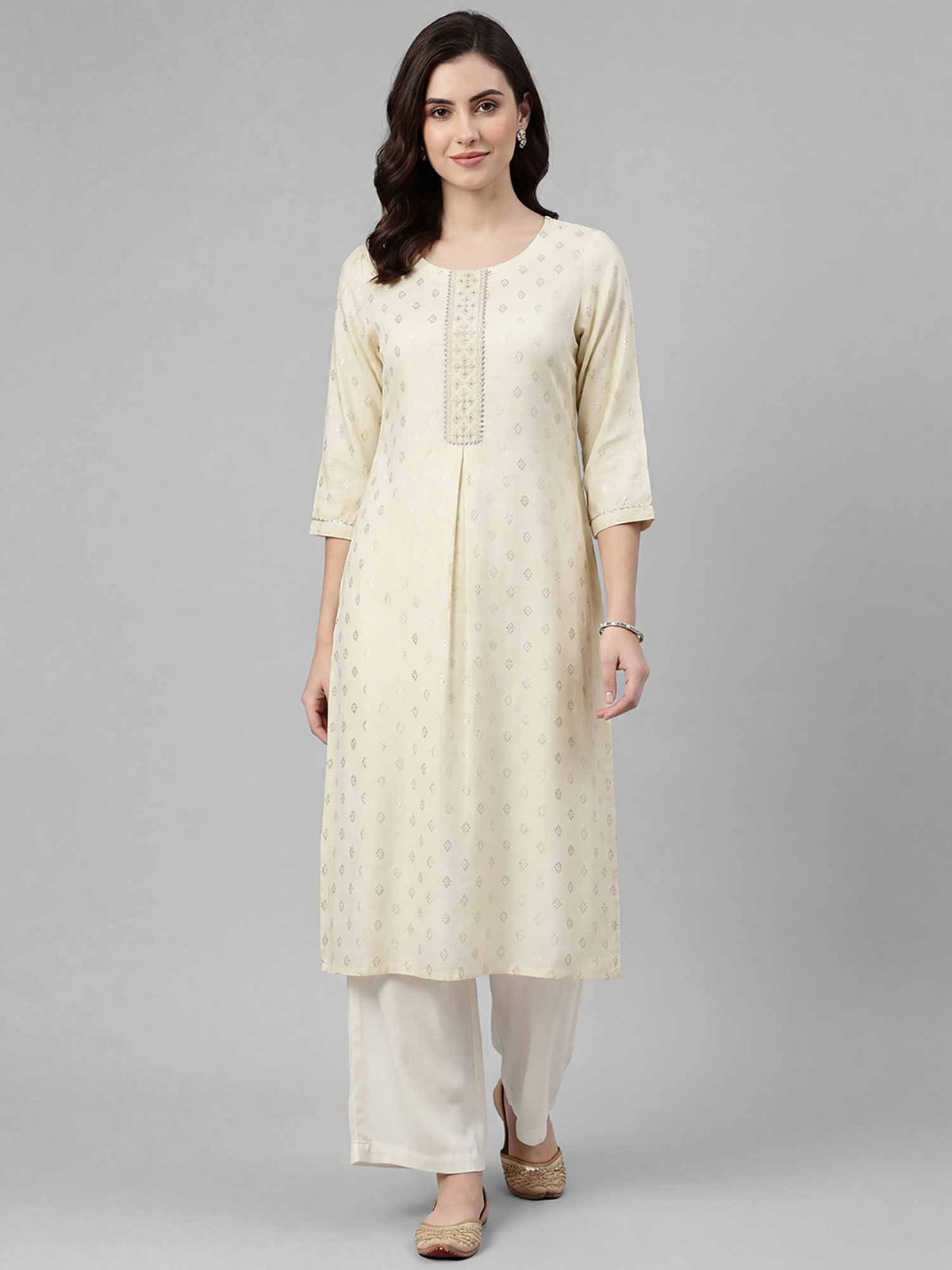 Randb Cream Printed Women Three-Quarter Sleeves Round Neck Kurta | FY93 - view 1