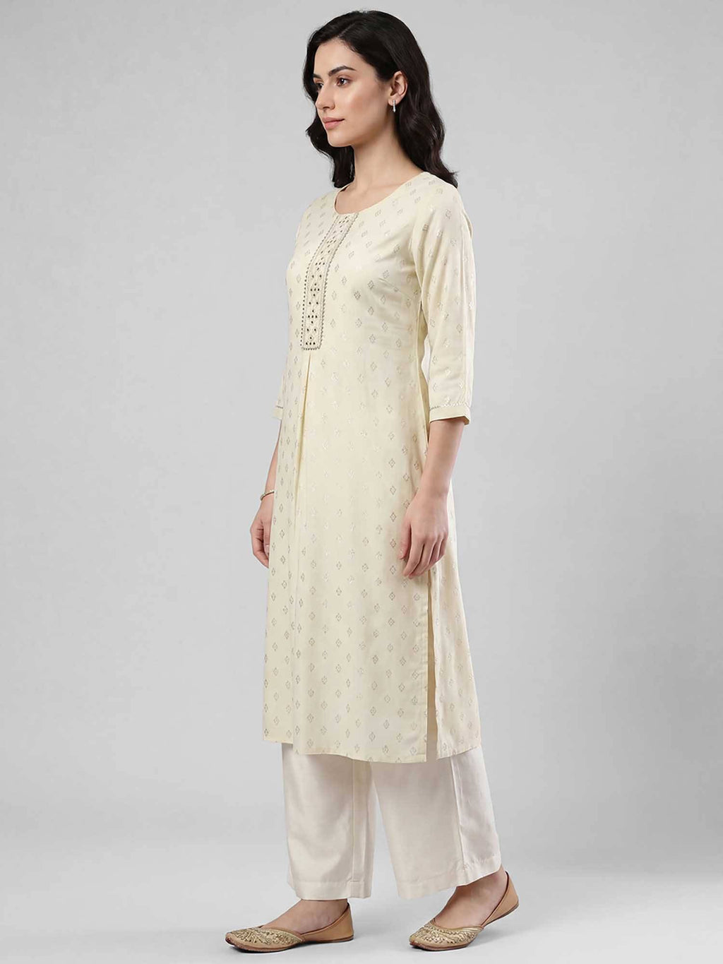 Randb Cream Printed Women Three-Quarter Sleeves Round Neck Kurta | FY93 - view 3