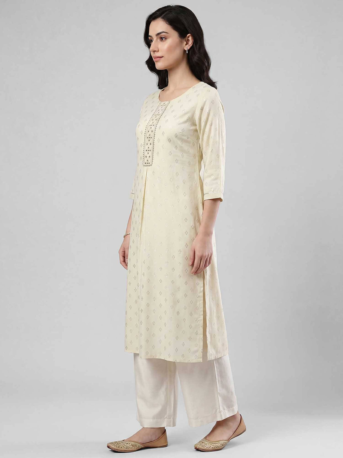 Randb Cream Printed Women Three-Quarter Sleeves Round Neck Kurta | FY93 - view 3