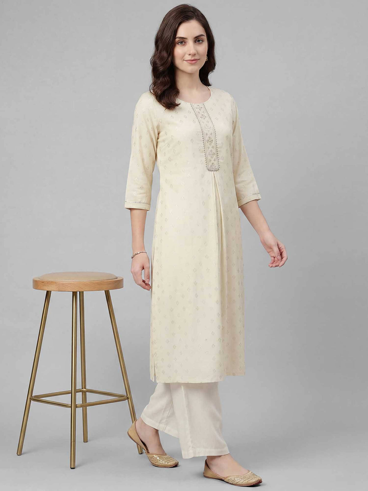 Randb Cream Printed Women Three-Quarter Sleeves Round Neck Kurta | FY93 - view 5