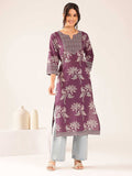 Women'S Lavender Floral Straight Cotton Stitched Kurta | FY93 - view 1