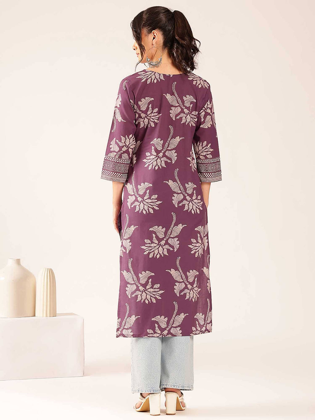 Women'S Lavender Floral Straight Cotton Stitched Kurta | FY93 - view 2