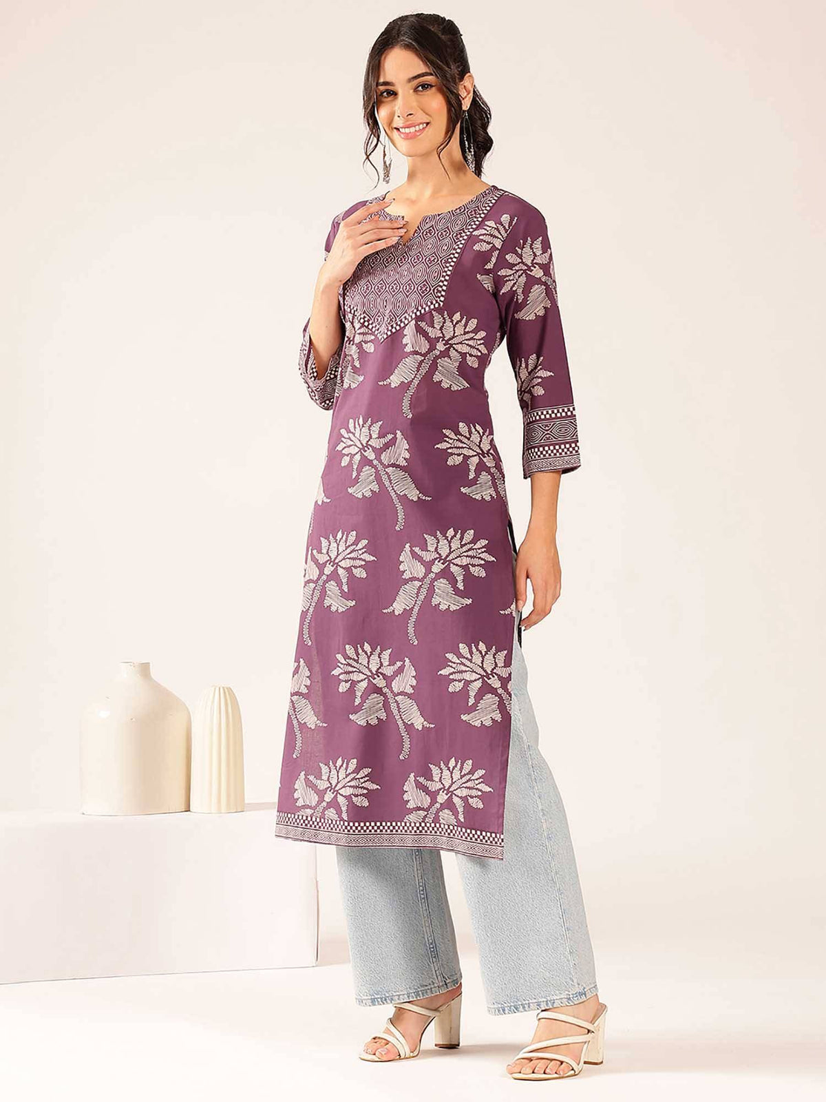 Women'S Lavender Floral Straight Cotton Stitched Kurta | FY93 - view 3