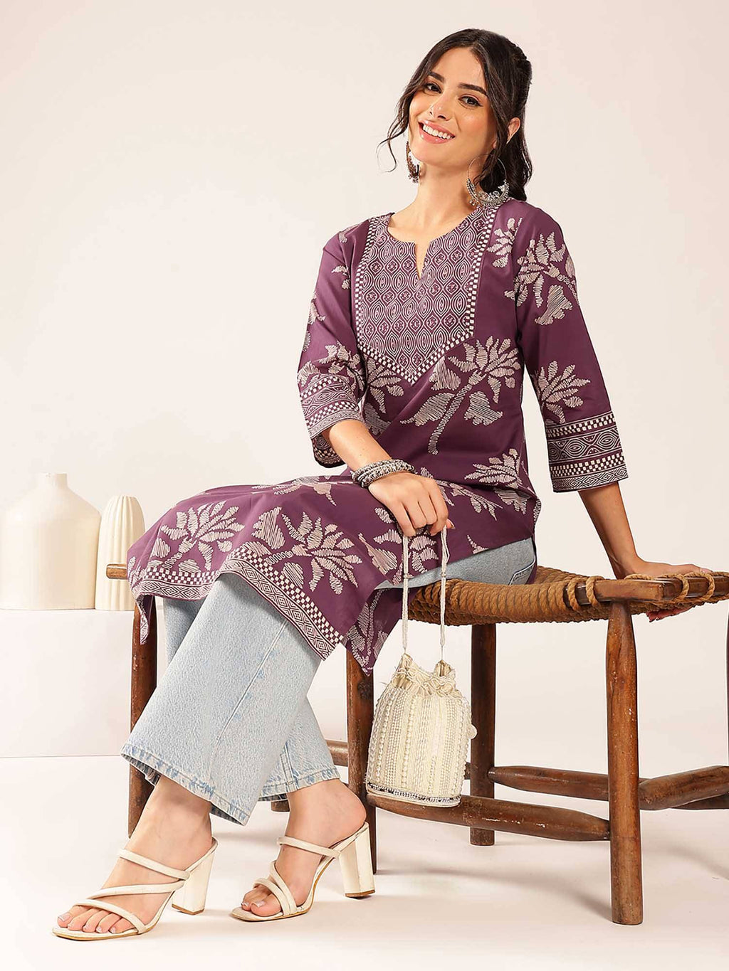 Women'S Lavender Floral Straight Cotton Stitched Kurta | FY93 - view 5