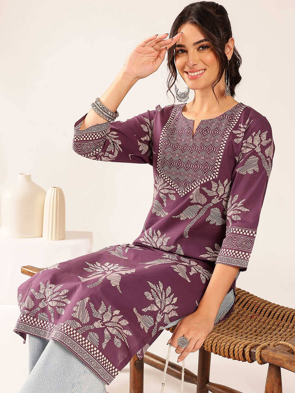 Women'S Lavender Floral Straight Cotton Stitched Kurta | FY93 - view 6