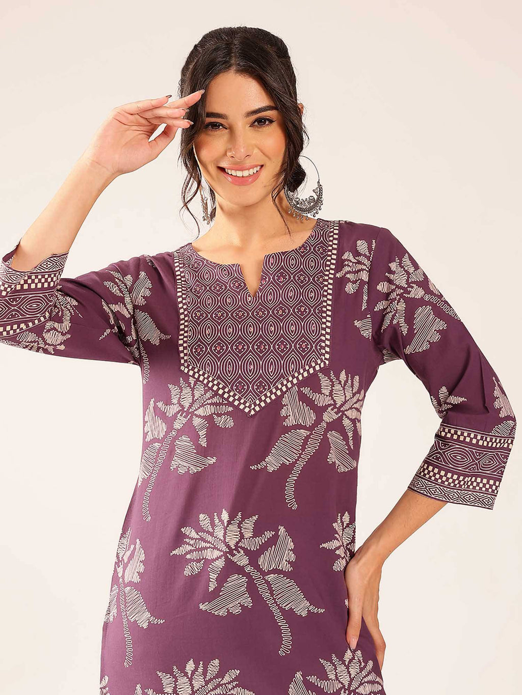 Women'S Lavender Floral Straight Cotton Stitched Kurta | FY93 - view 7