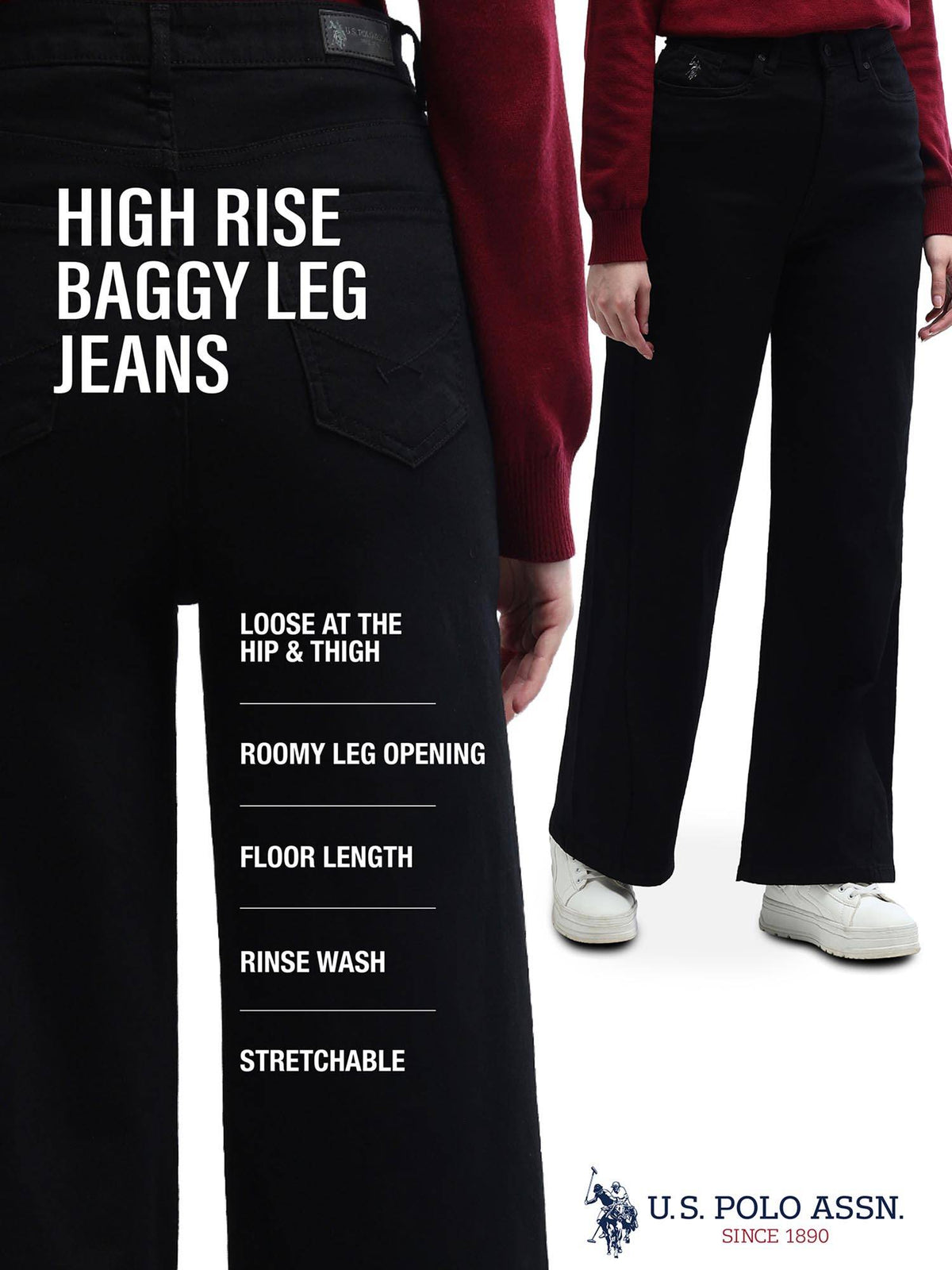 Dark Black High Rise Stretchable Baggy Jeans | BG78 - view 6