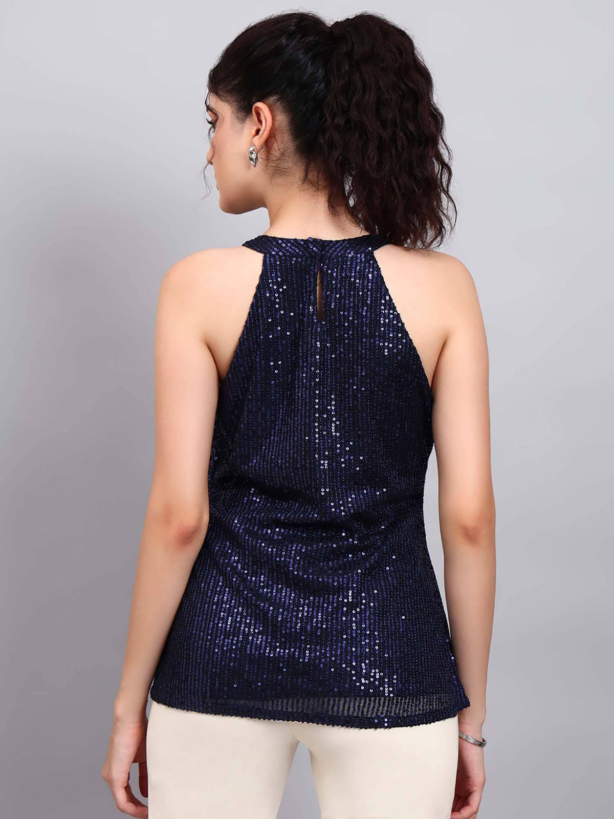 Women Navy Blue Sequinned Woven Net Top | HT67 - view 2