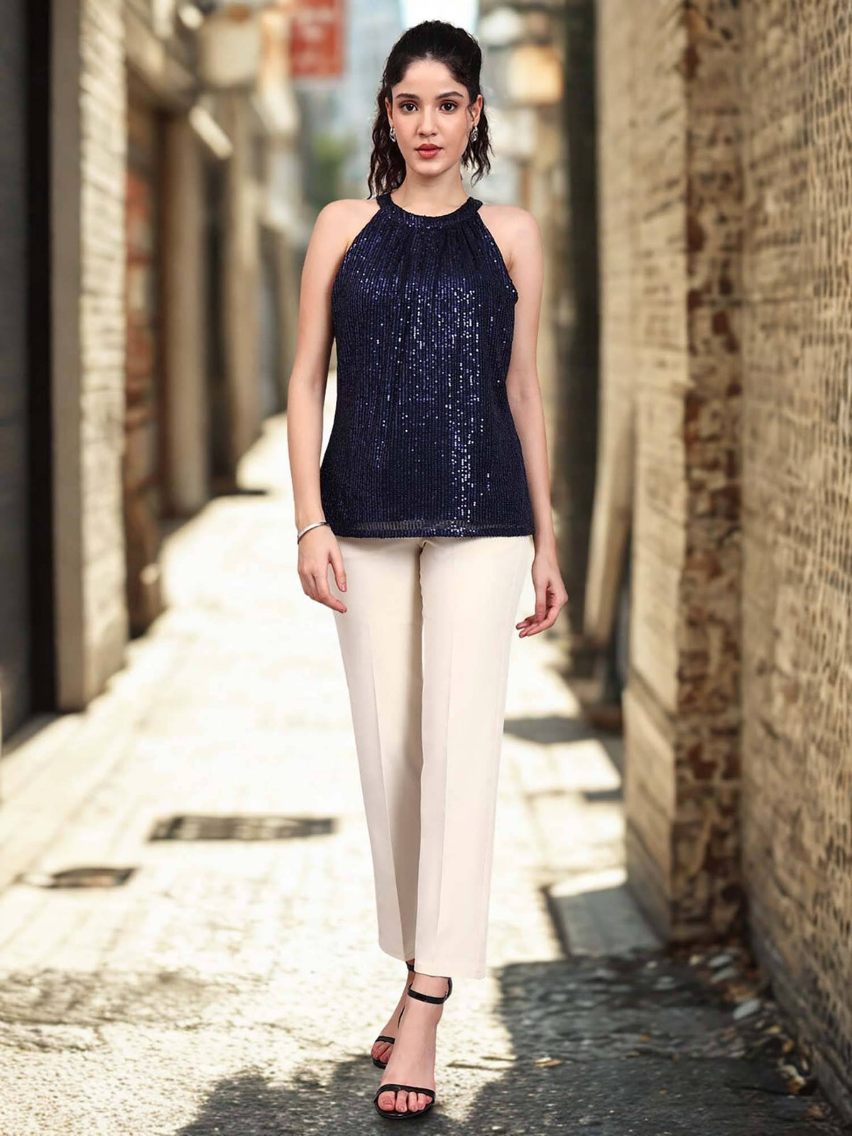 Women Navy Blue Sequinned Woven Net Top | HT67 - view 3