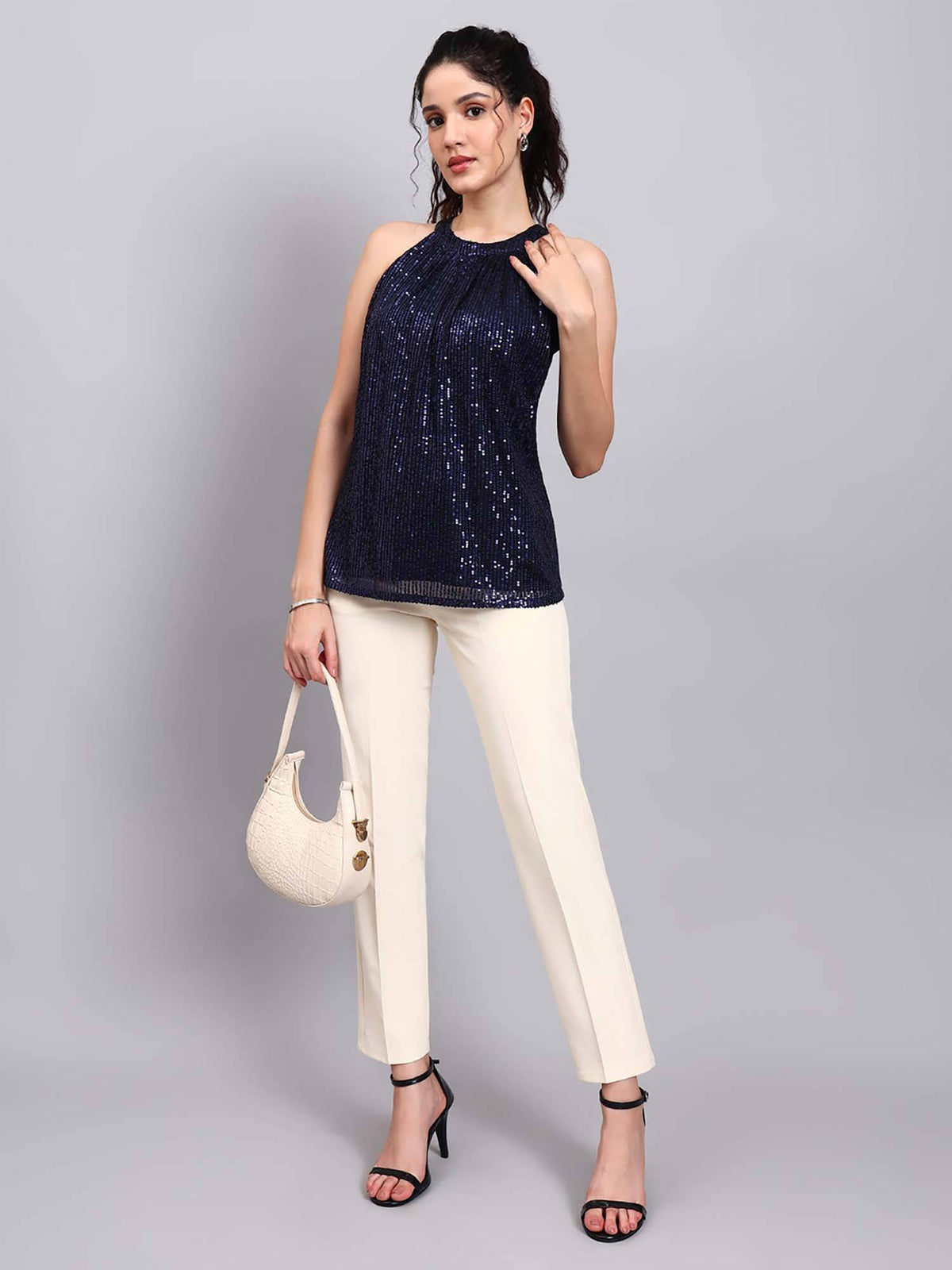 Women Navy Blue Sequinned Woven Net Top | HT67 - view 5