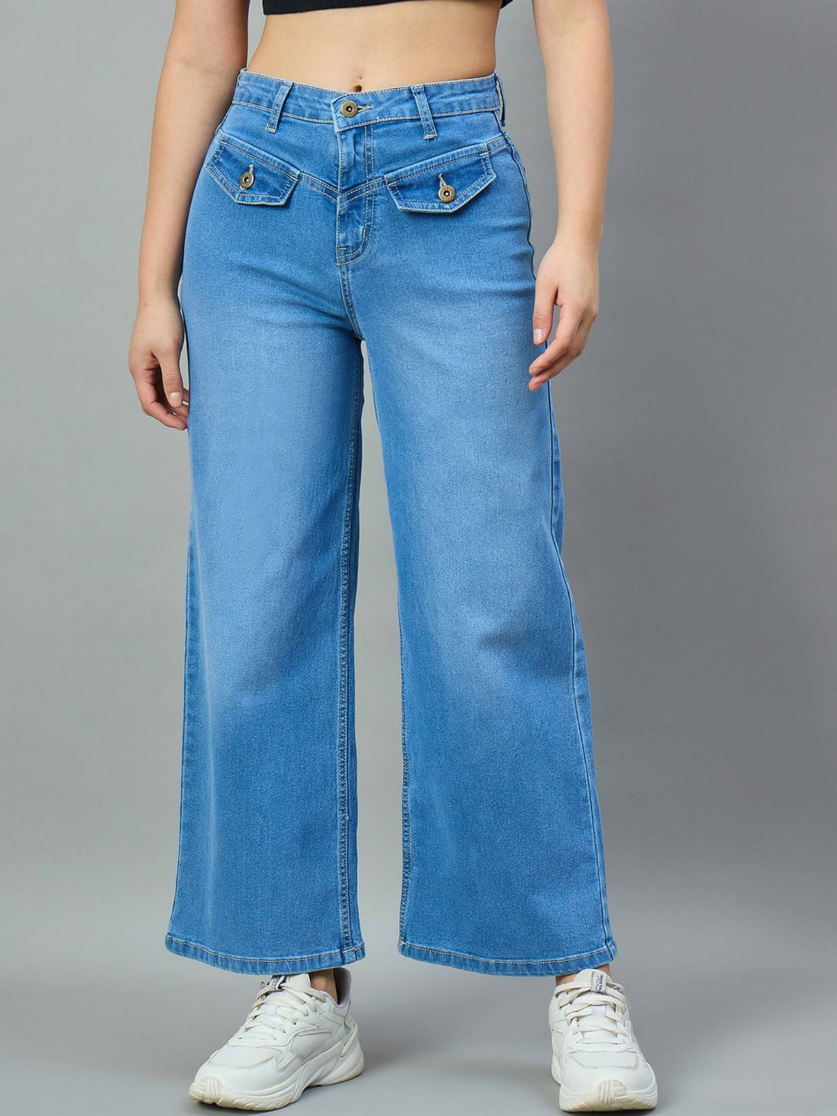 Mid Blue Wide Leg High-Rise Stretchable Jeans | WL90 - view 1