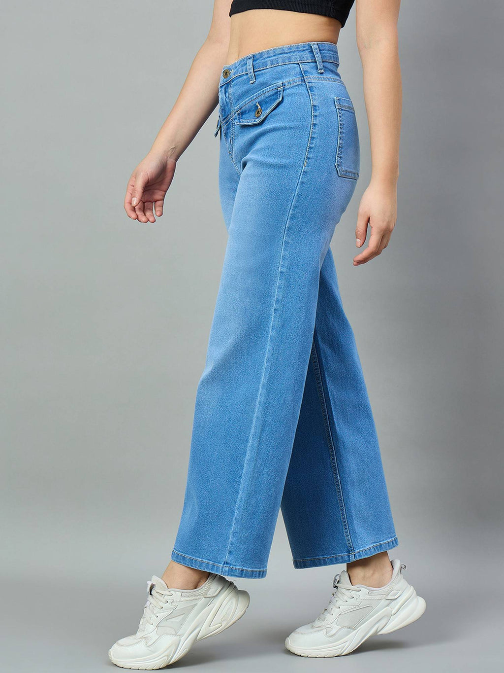 Mid Blue Wide Leg High-Rise Stretchable Jeans | WL90 - view 3
