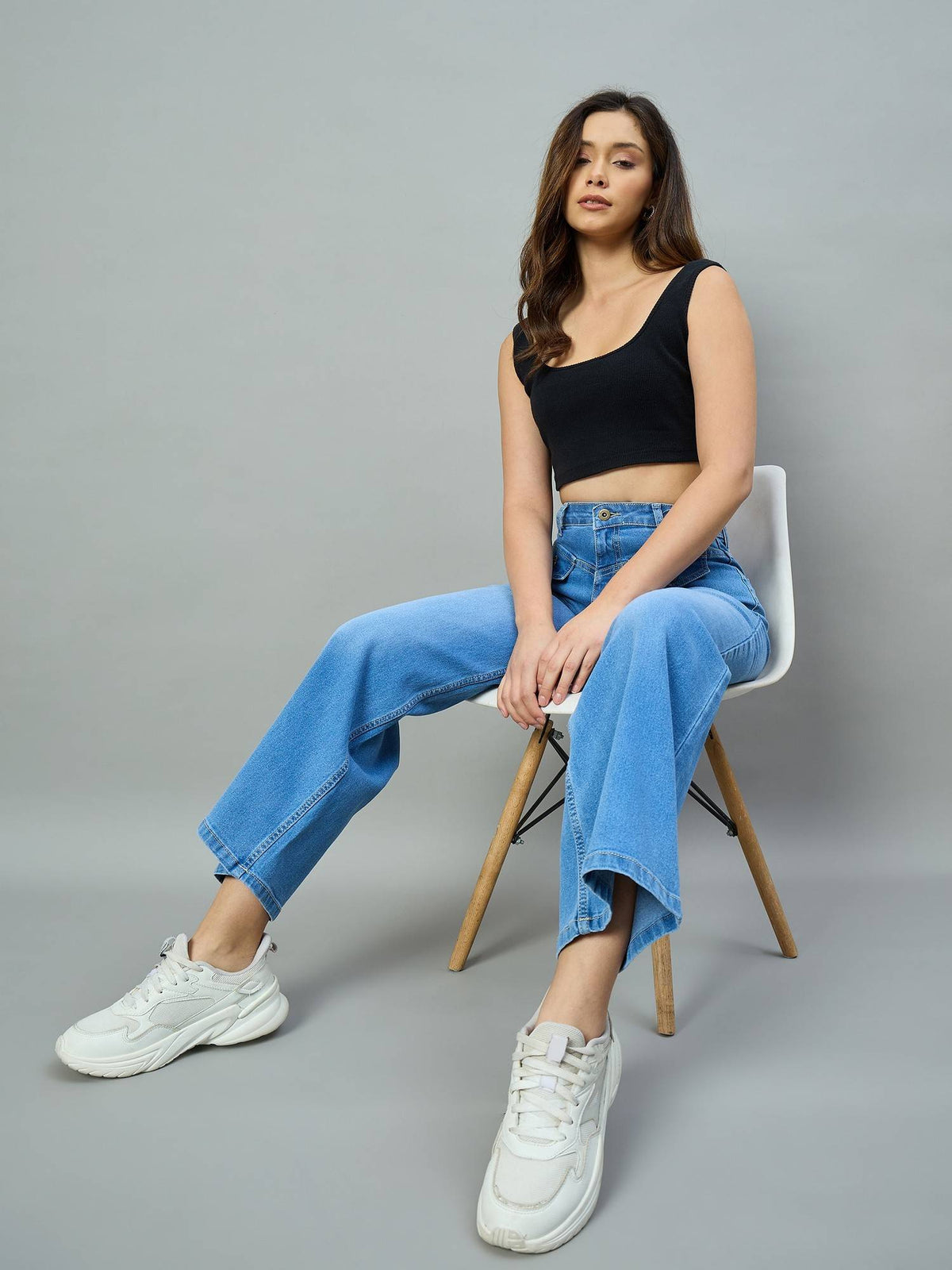 Mid Blue Wide Leg High-Rise Stretchable Jeans | WL90 - view 5