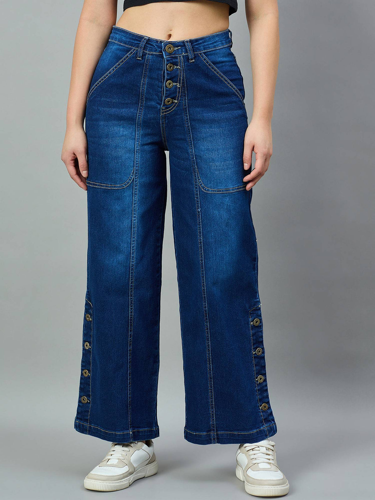 Mid Blue Wide Leg High-Rise Stretchable Jeans | WL90 - view 1